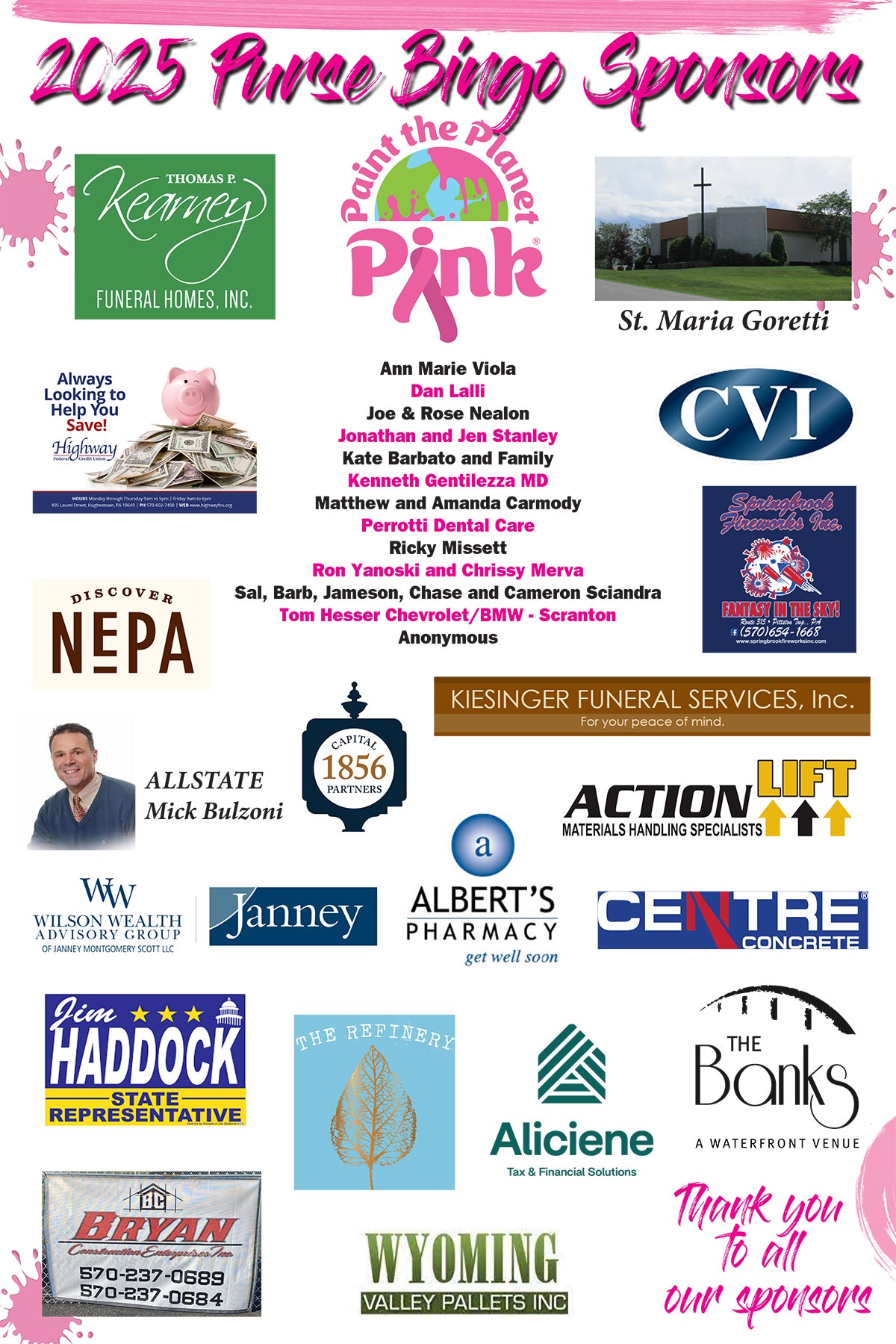 Paint the Planet Pink, Purse Bingo Sponsors 2025